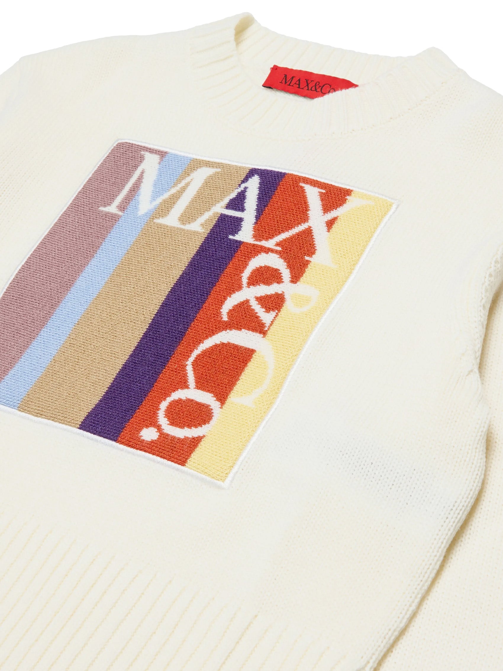 MAX&Co. Kids Maglione Girocollo Panna con Maxi Patch Logo Multicolore per Bambine