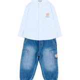 Moschino Kids Camicia Celeste a Righe+Pantalone in Denim con Logo Teddy per Neonati