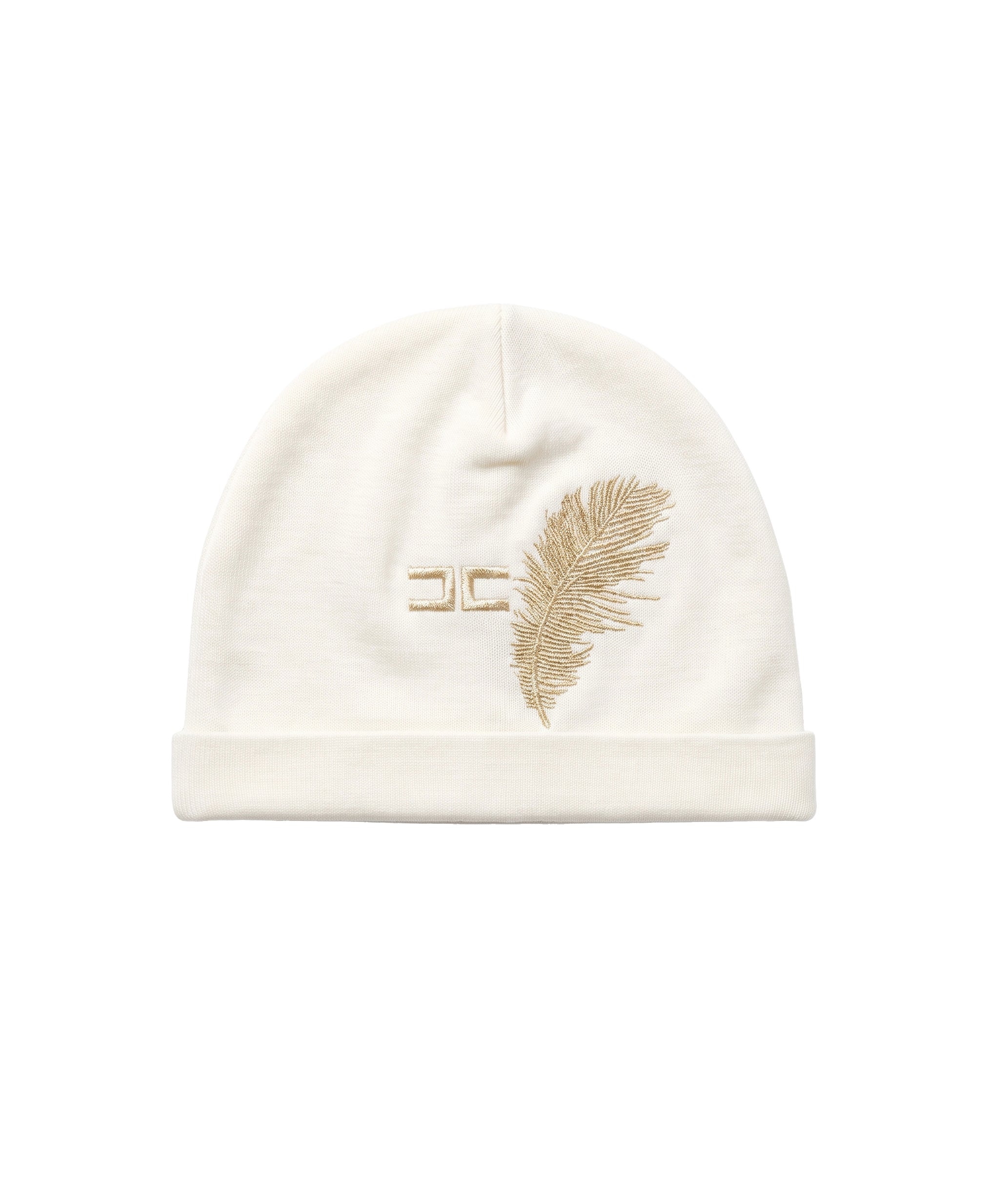 Elisabetta Franchi La Mia Bambina Cappellino Panna in Cotone con Piuma e Logo Ricamati Oro per Neonate