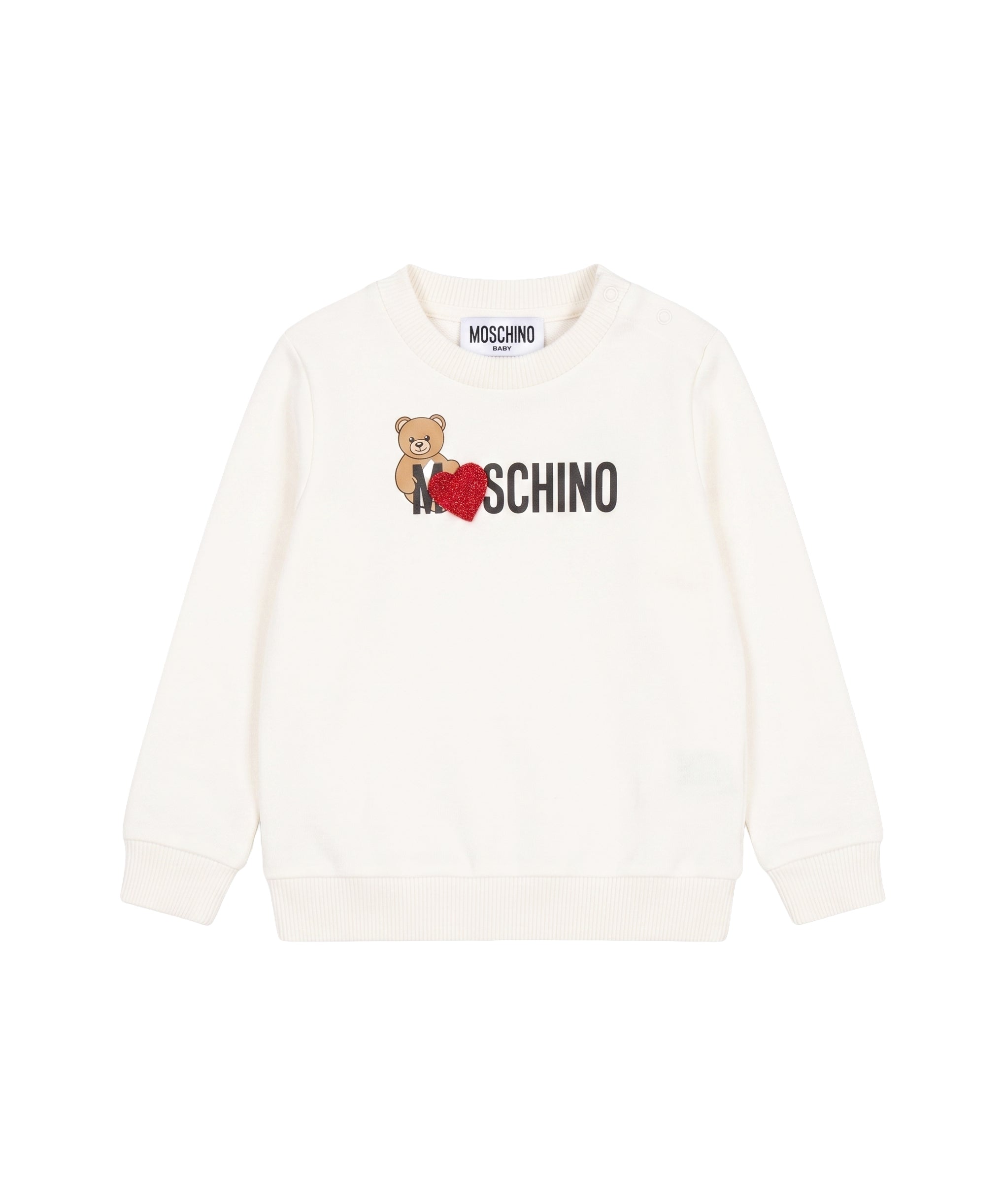 Moschino Kids Felpa Panna Girocollo con Stampa Teddy Bear e Cuore Glitter per Neonate