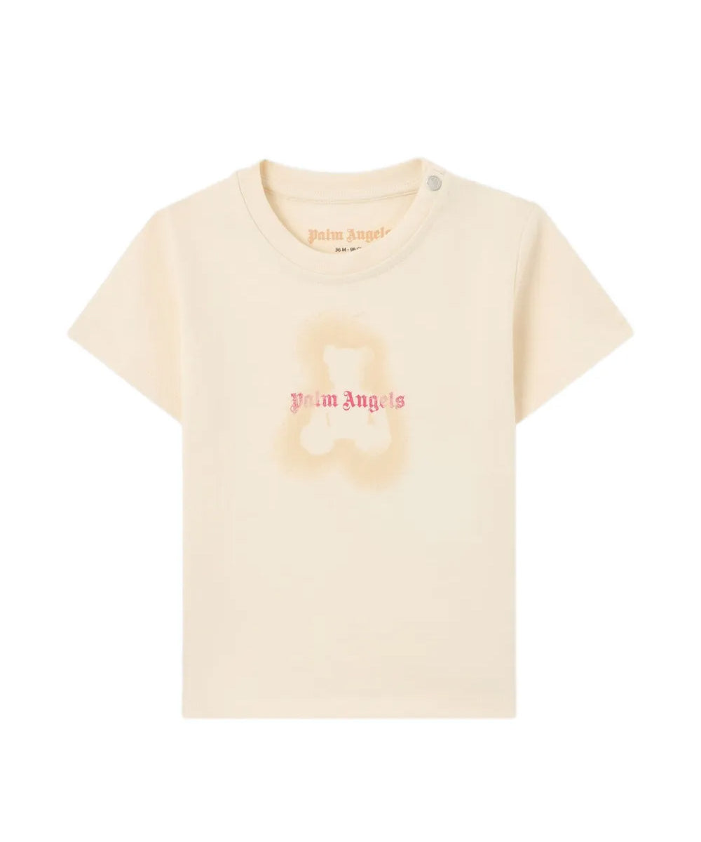 Palm Angels Kids T-Shirt Sabbia con Stampa Teddy e Logo per Neonate