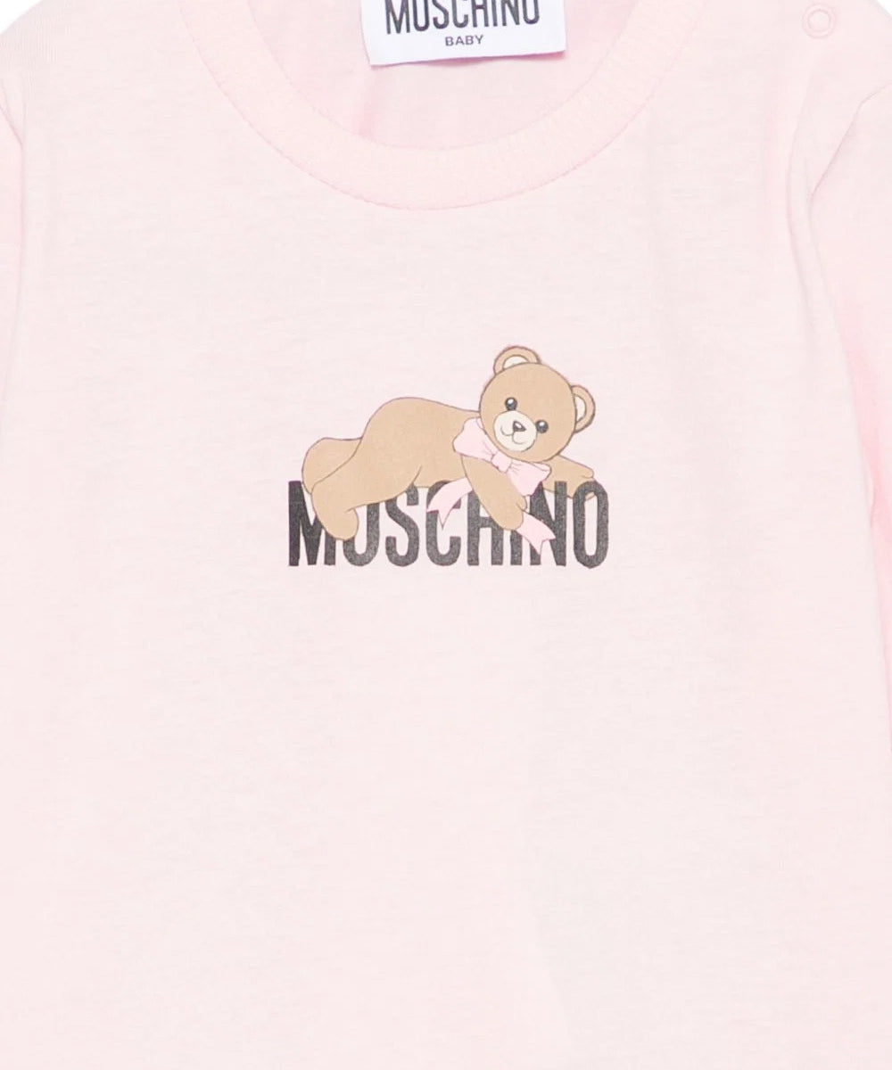 Moschino Kids Maglia Rosa a Maniche Lunghe con Stampa Teddy Bear e Logo per Neonate