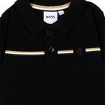 BOSS Kids Polo Nera in Piqué a Maniche Lunghe con Righe Iconiche e Logo per Neonati