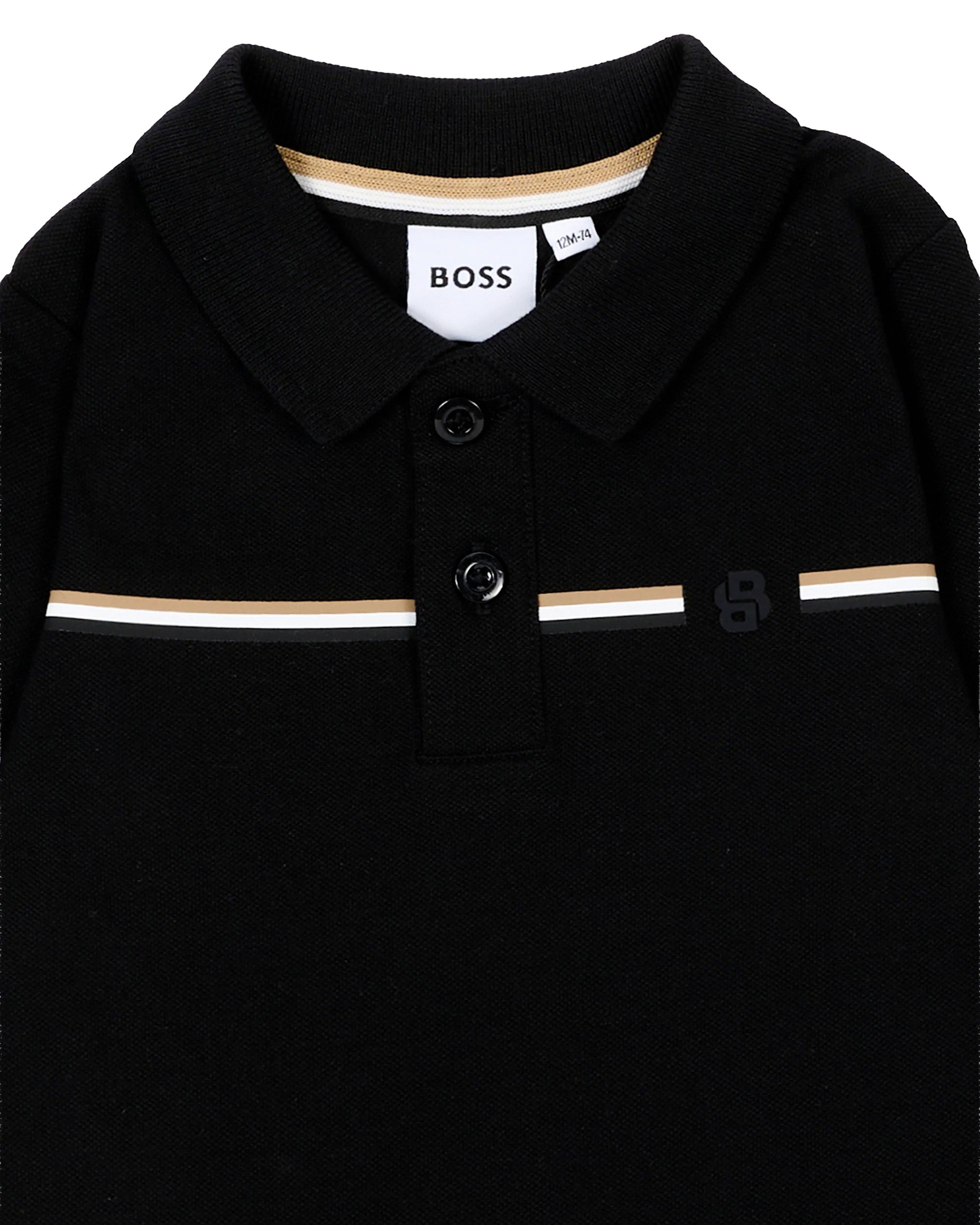 BOSS Kids Polo Nera in Piqué a Maniche Lunghe con Righe Iconiche e Logo per Neonati
