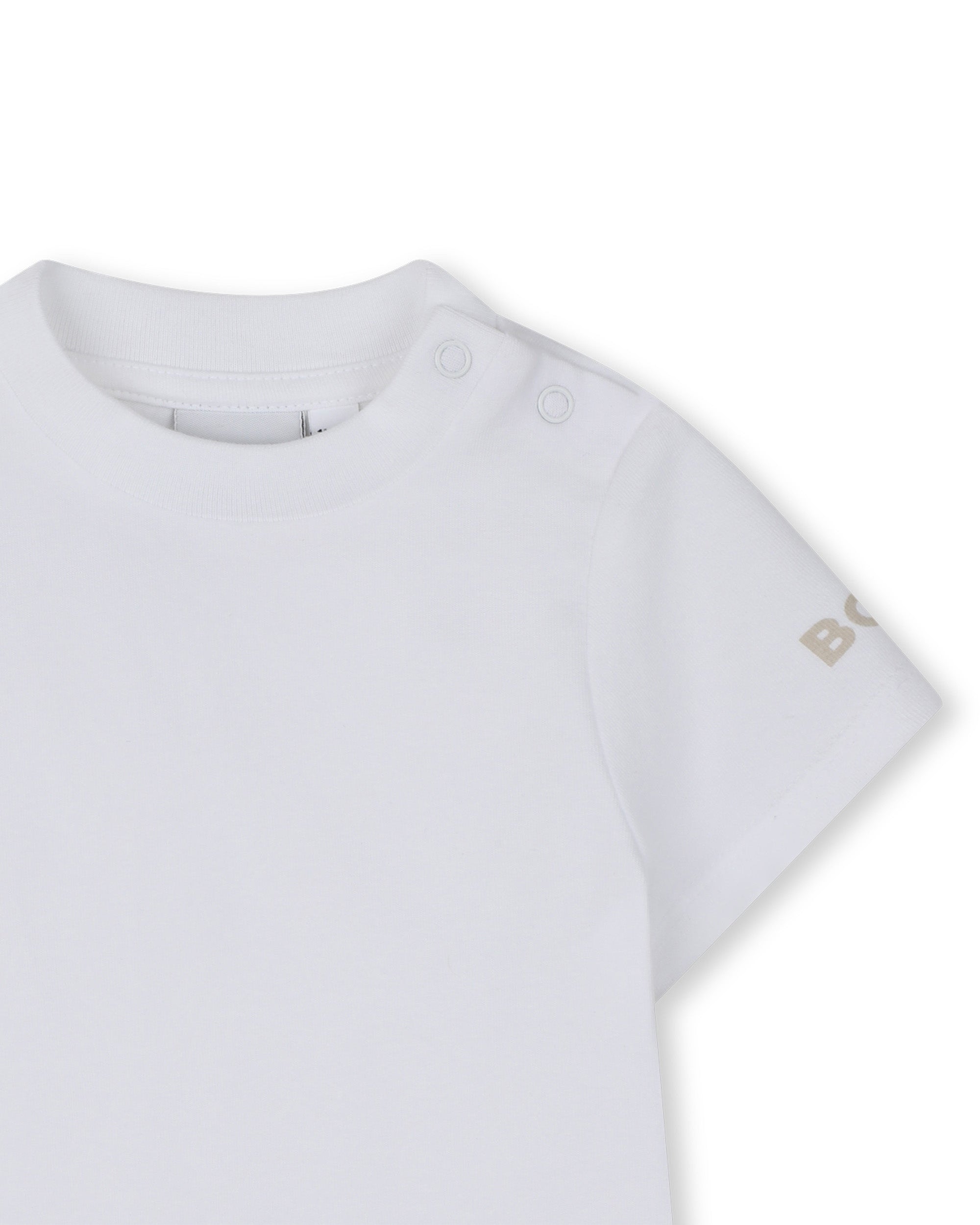 Boss Kids Completo Salopette e T-Shirt Beige/Bianco per Neonati
