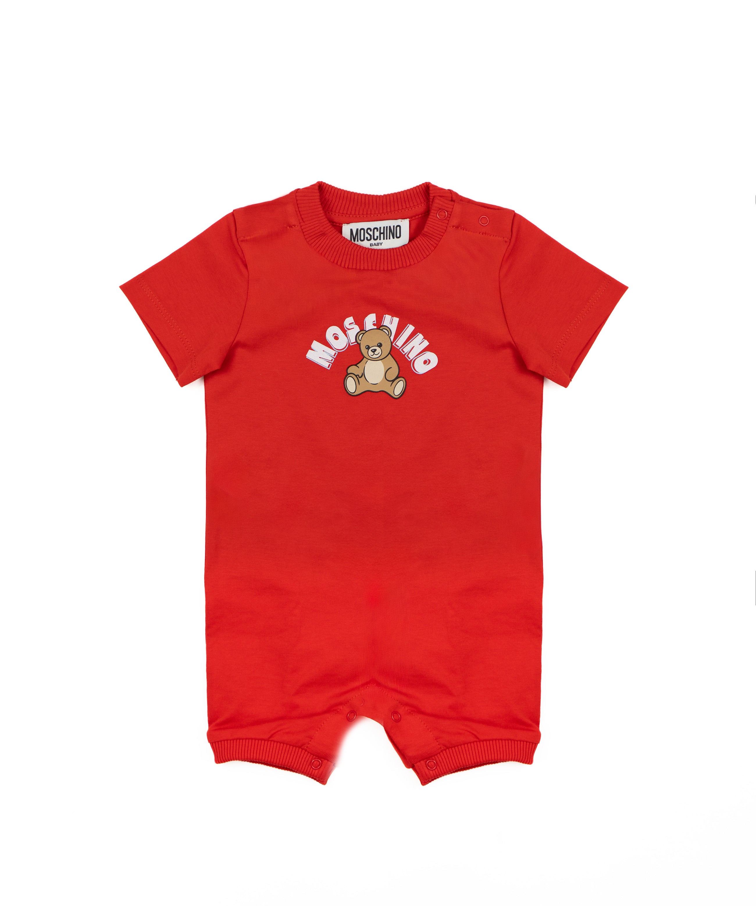 Moschino Kids Pagliaccetto Rosso con Bottoni Apetura Spalla e Stampa Logo Teddy per Neonate