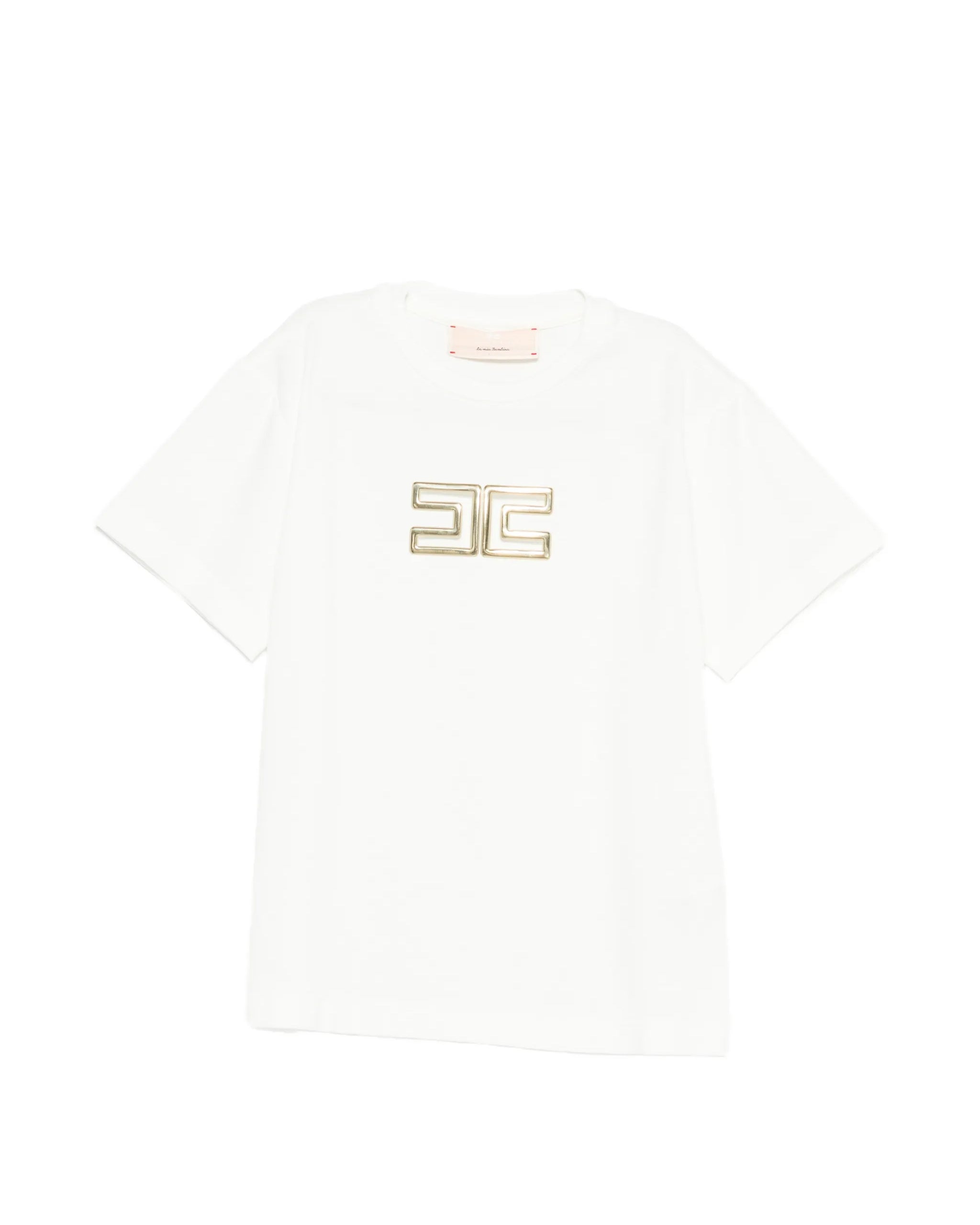 Elisabetta Franchi La Mia Bambina T-shirt Avorio con Logo Effetto Metallico Oro per Neonate