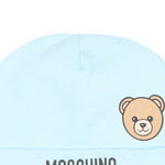 Moschino Kids Cappellino Celeste in Cotone con Stampa Teddy Bear e Logo per Neonati