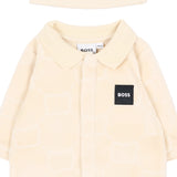 BOSS Kids Set Nascita Beige con Tutina in Ciniglia con Orsetti e Cappellino per Neonati