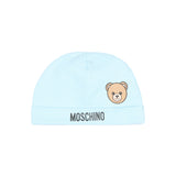 Moschino Kids Cappellino Celeste in Cotone con Stampa Teddy Bear e Logo per Neonati