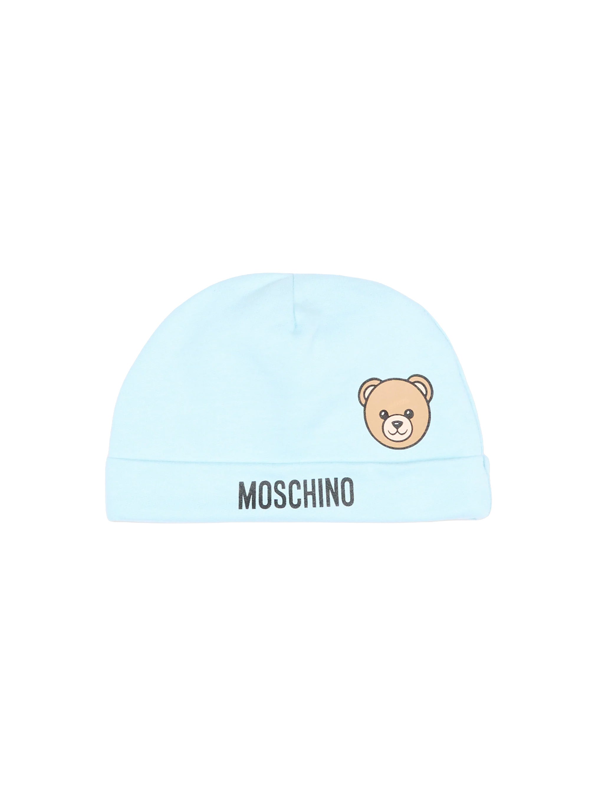 Moschino Kids Cappellino Celeste in Cotone con Stampa Teddy Bear e Logo per Neonati