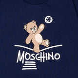 Moschino Kids Maglia Blu Navy a Maniche Lunghe con Stampa Teddy Bear e Logo per Neonati