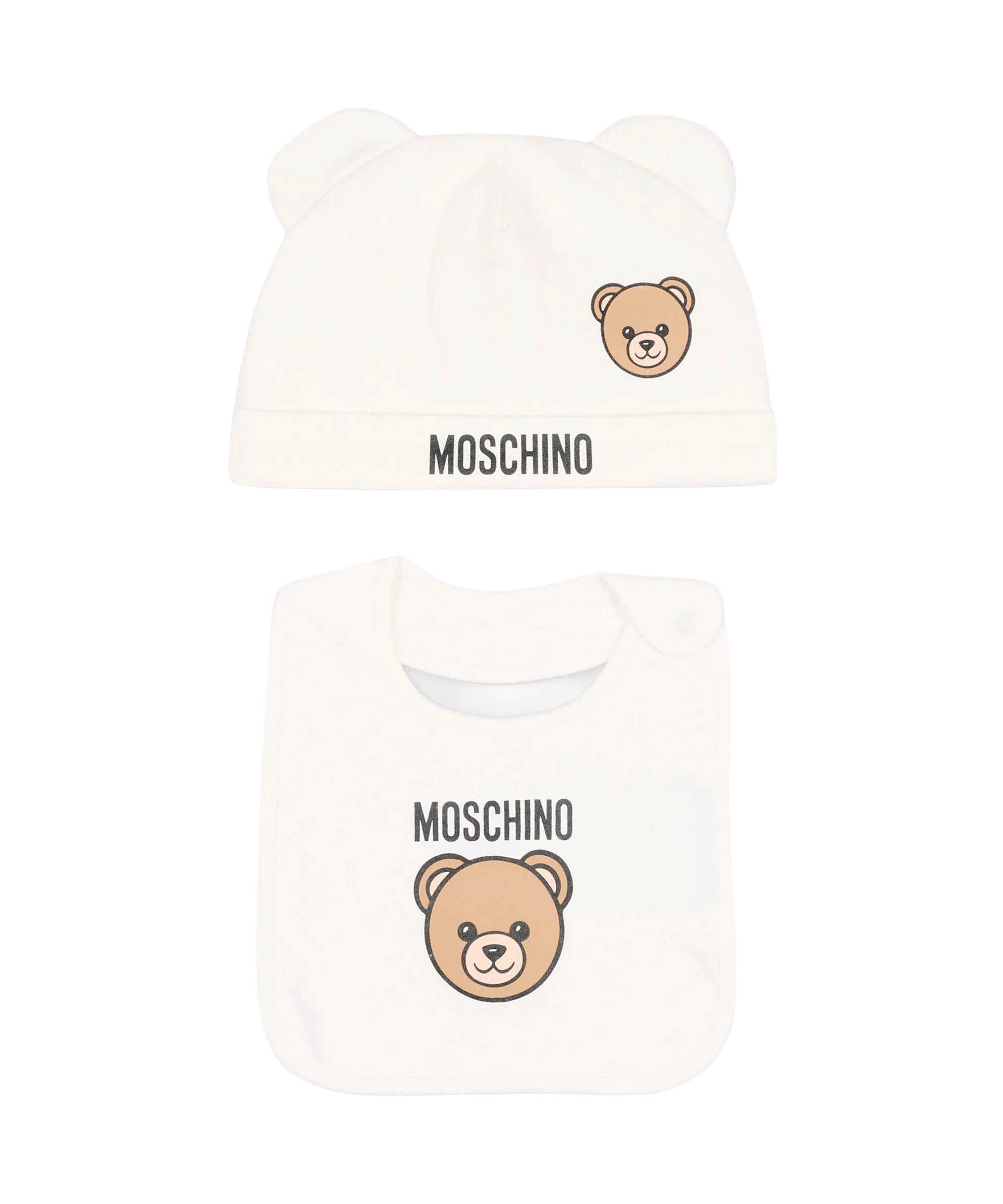 Moschino Kids Set Panna con Cappellino e Bavaglino con Stampa Teddy Bear e Logo Unisex