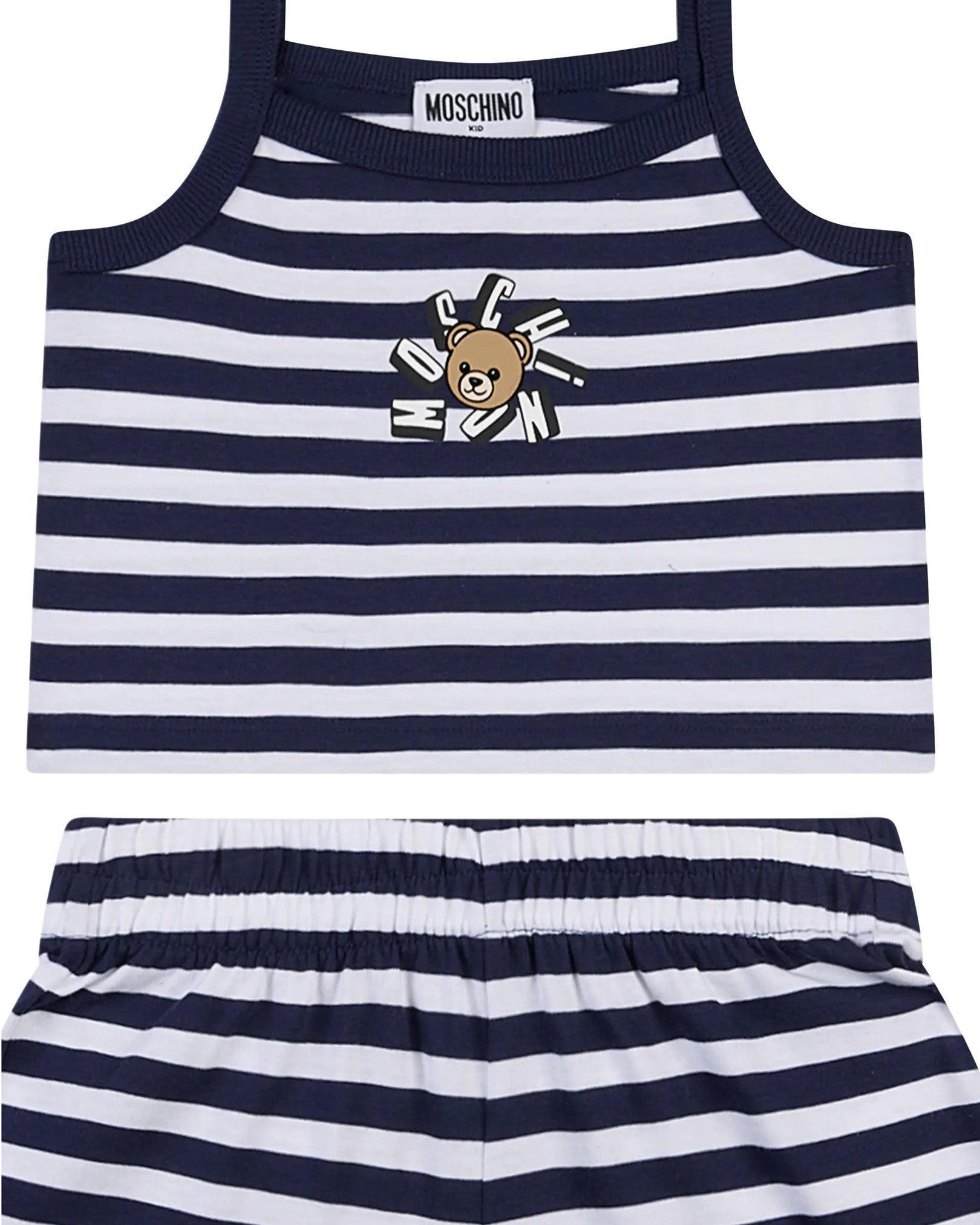 Moschino Kids Top+Short Bianco/Blu a Strisce con Teddy Bear per Bambine