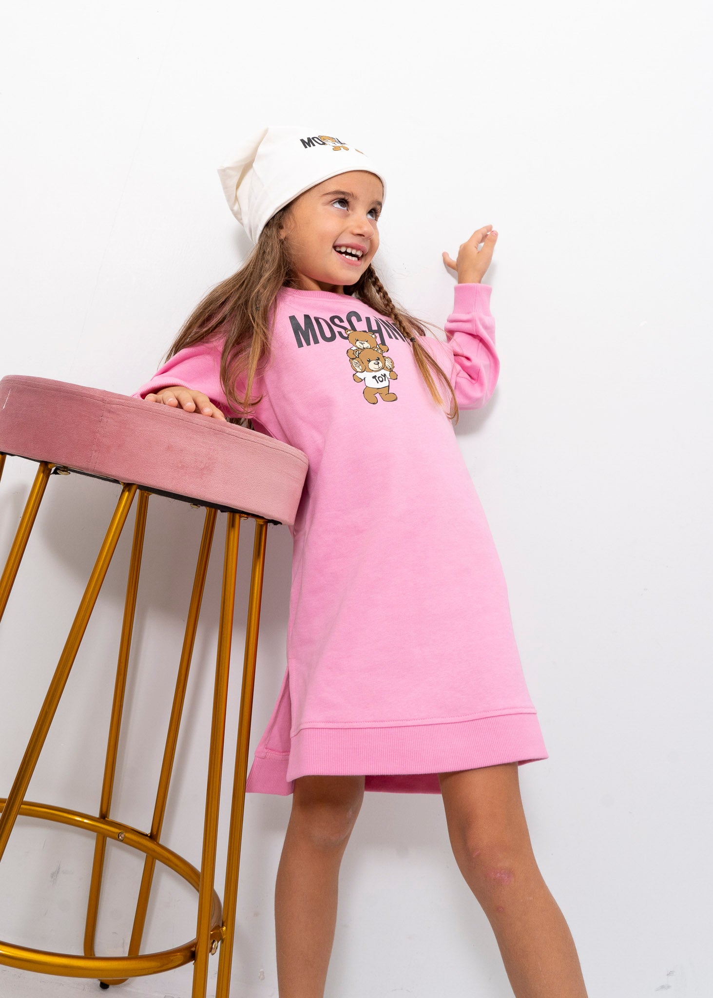 Moschino Kids Abito Rosa con Stampa Logo per Bambine