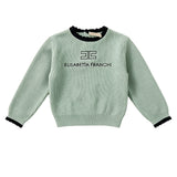 Elisabetta Franchi Kids Maglione Verde Salvia a Coste con Logo Ricamato e Bordo a Contrasto per Neonate