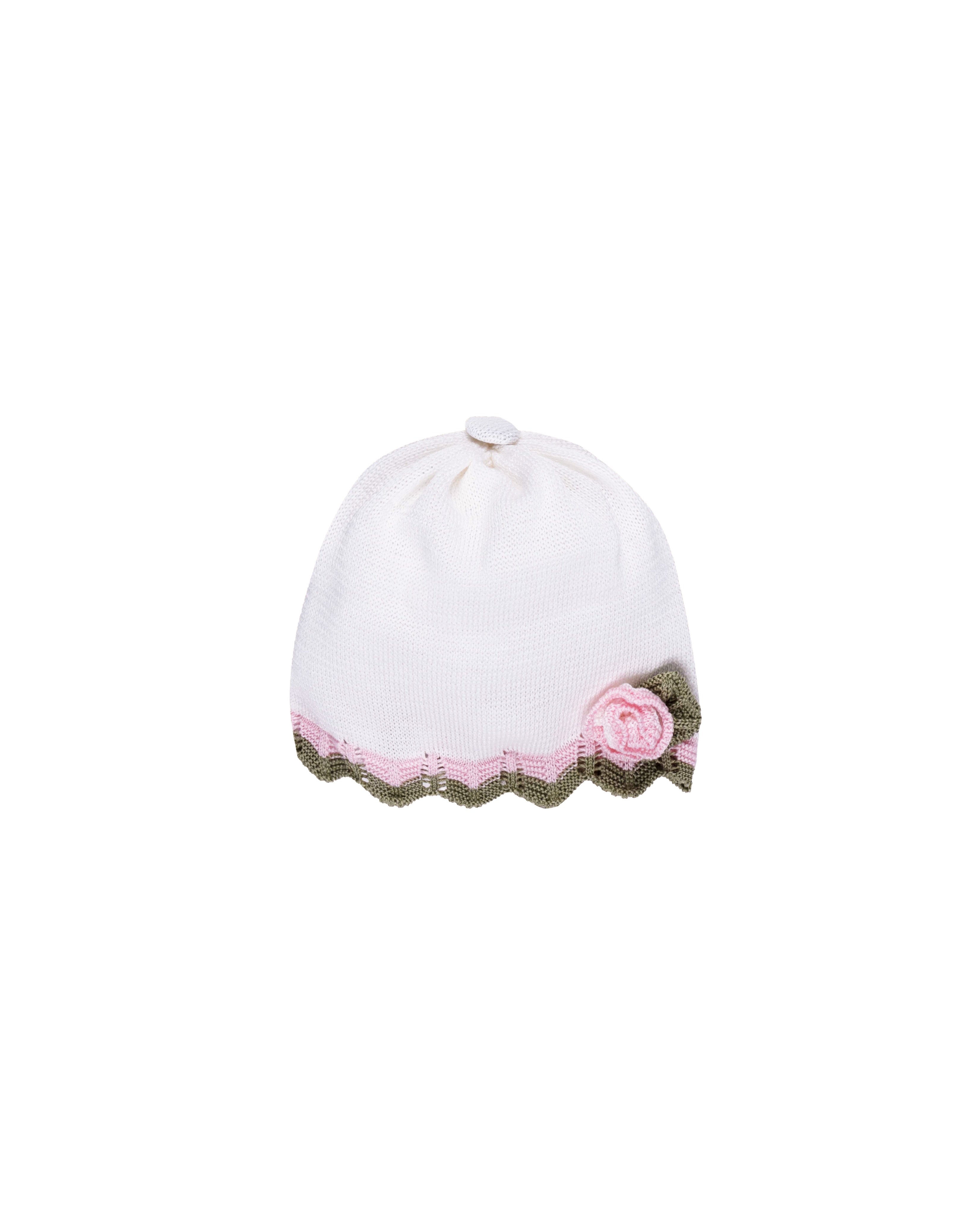 Marlu Cappello Panna con Dettagli Rosa/Verde e Ricamo Fiore per Neonate
