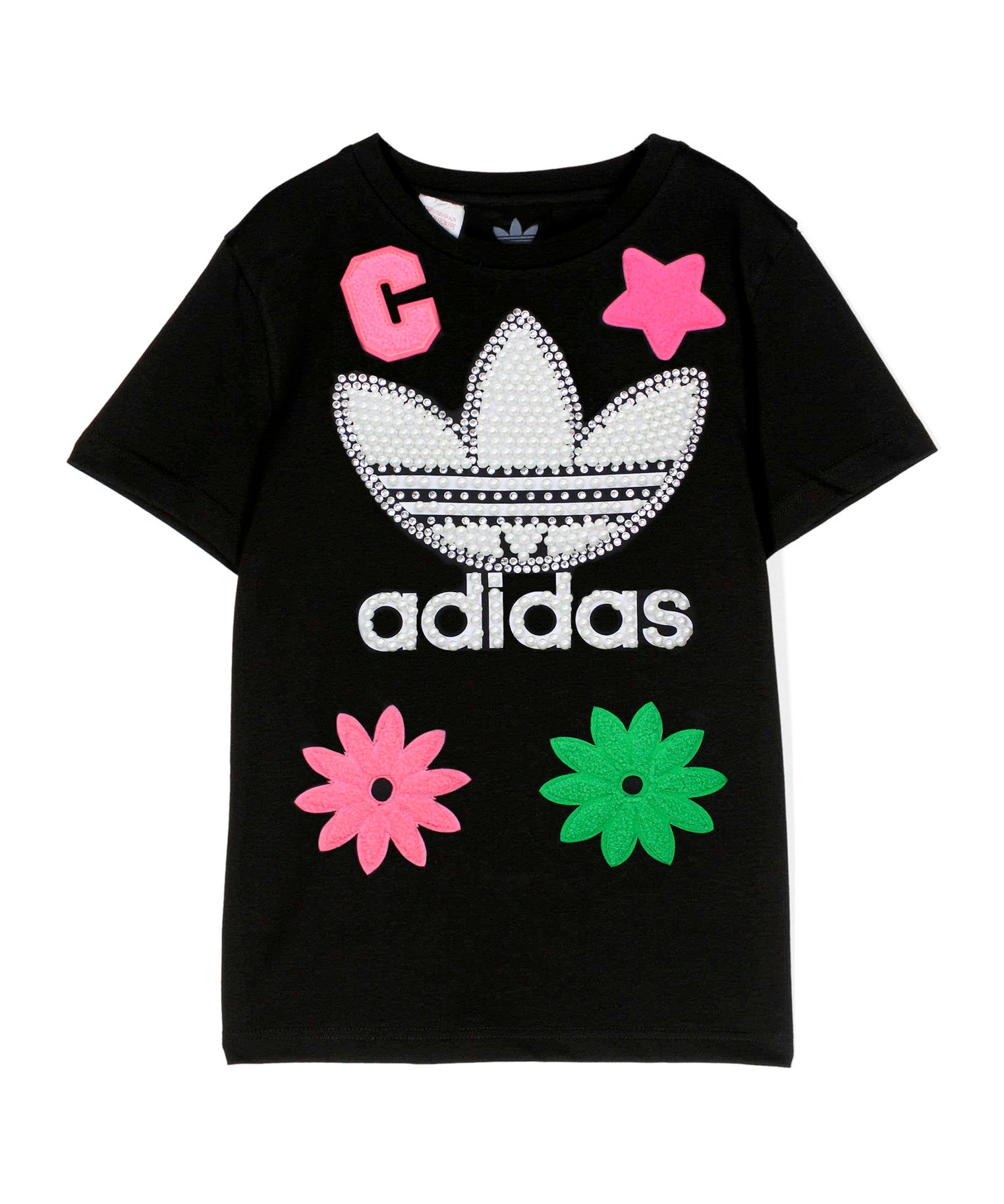 Adidas X Iconic T-shirt Nera con Patch e Logo con Perle (fronte)