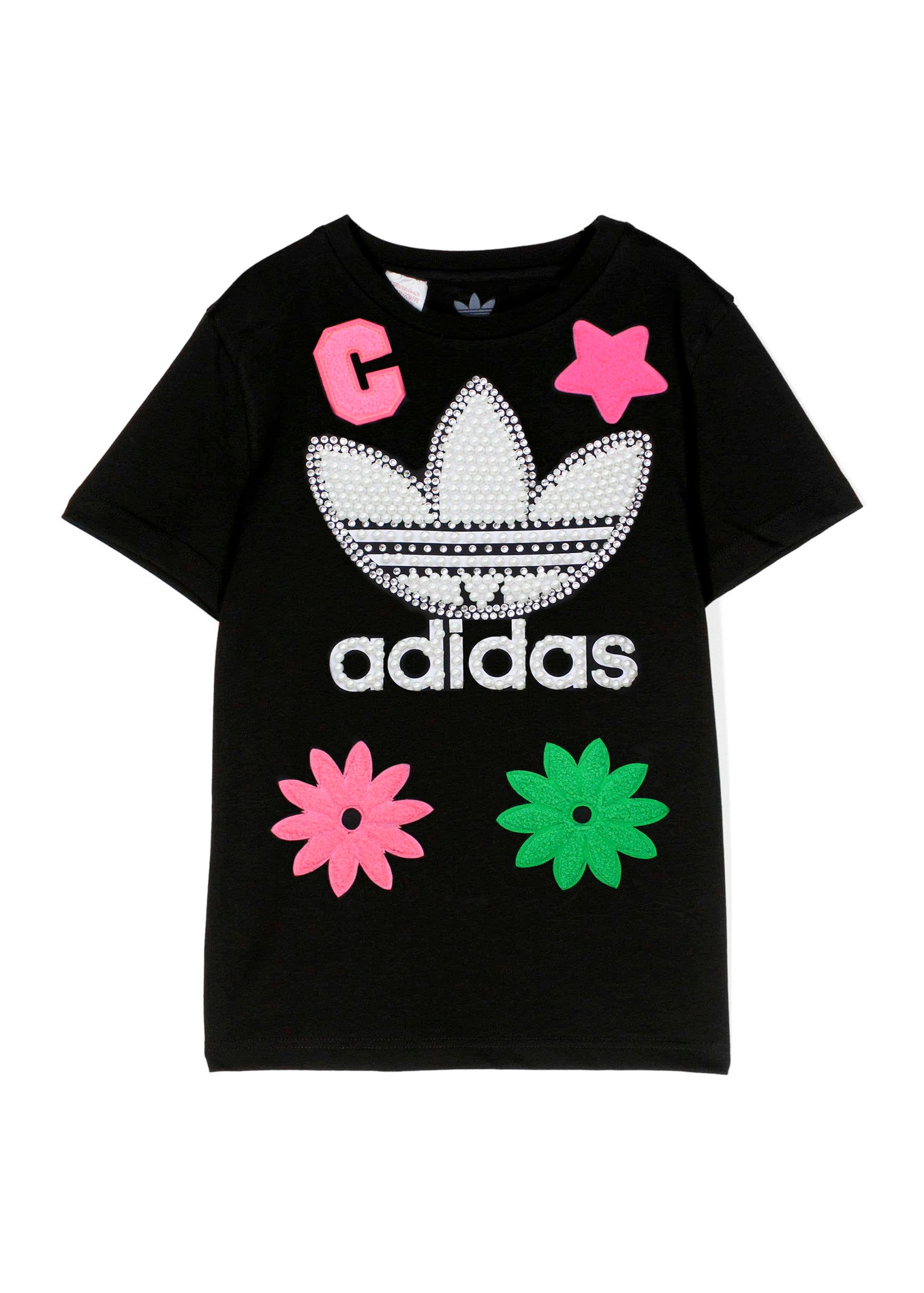 Adidas X Iconic T-shirt Nera con Patch e Logo con Perle (fronte)