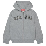 Diesel Kids Felpa con Zip Grigio con Logo in Denim per Bambini