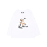 Moschino Kids Maglia Bianca a Maniche Lunghe con Stampa Teddy Bear e Logo per Neonati e Neonate