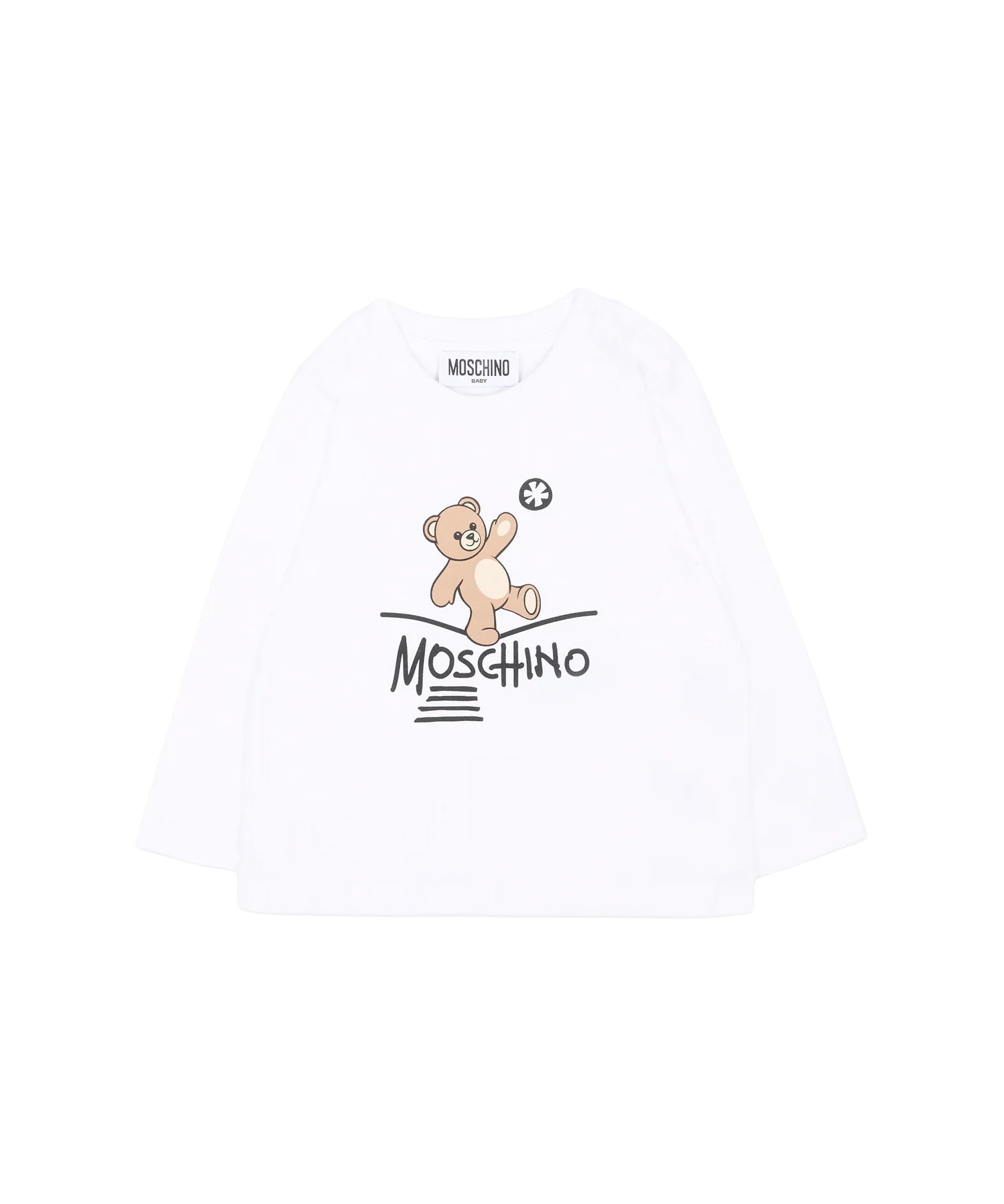 Moschino Kids Maglia Bianca a Maniche Lunghe con Stampa Teddy Bear e Logo per Neonati e Neonate