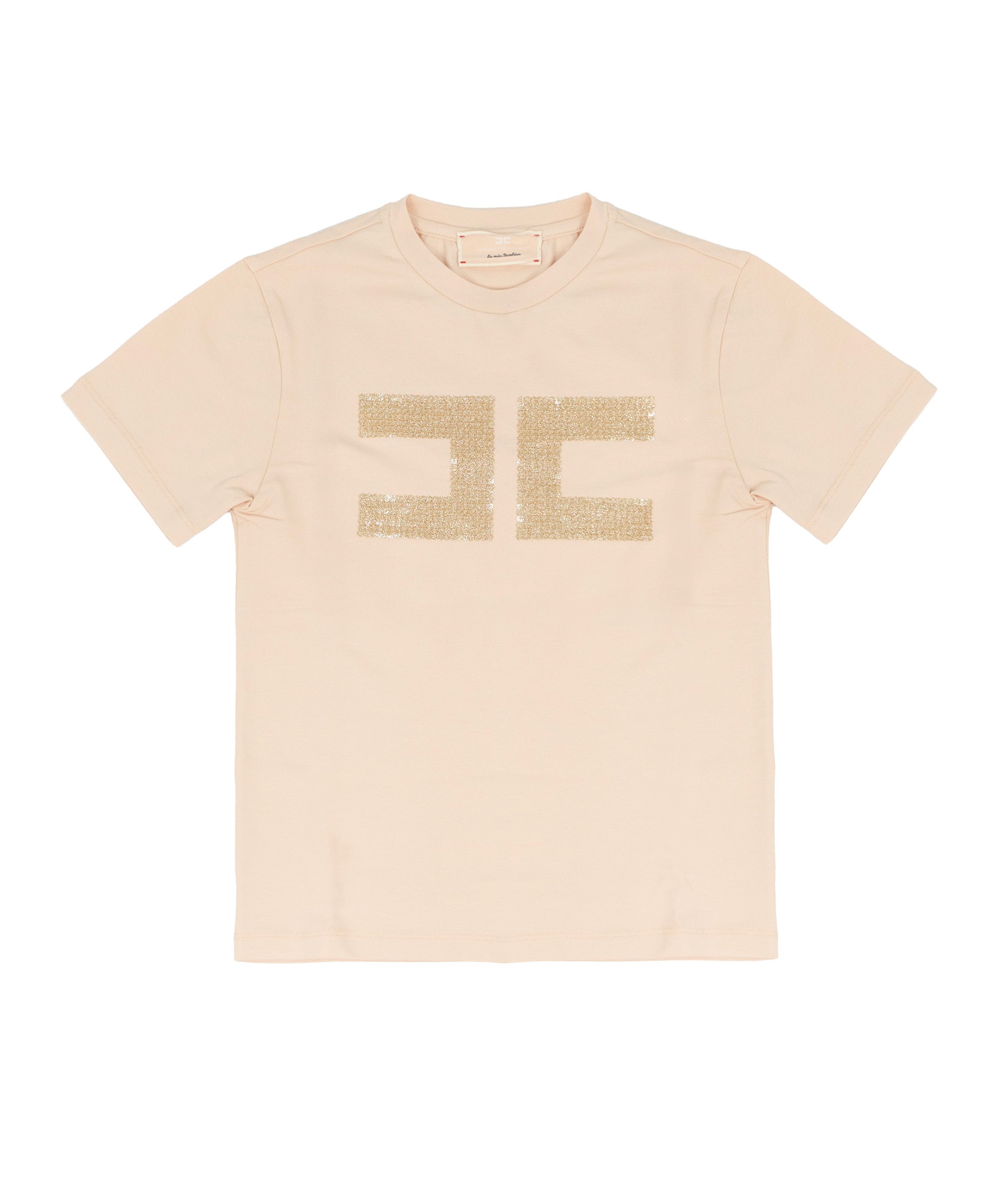 Elisabetta Franchi La Mia Bambina T-Shirt Rosa con Logo in Strass Oro a Contrasto per Bambine