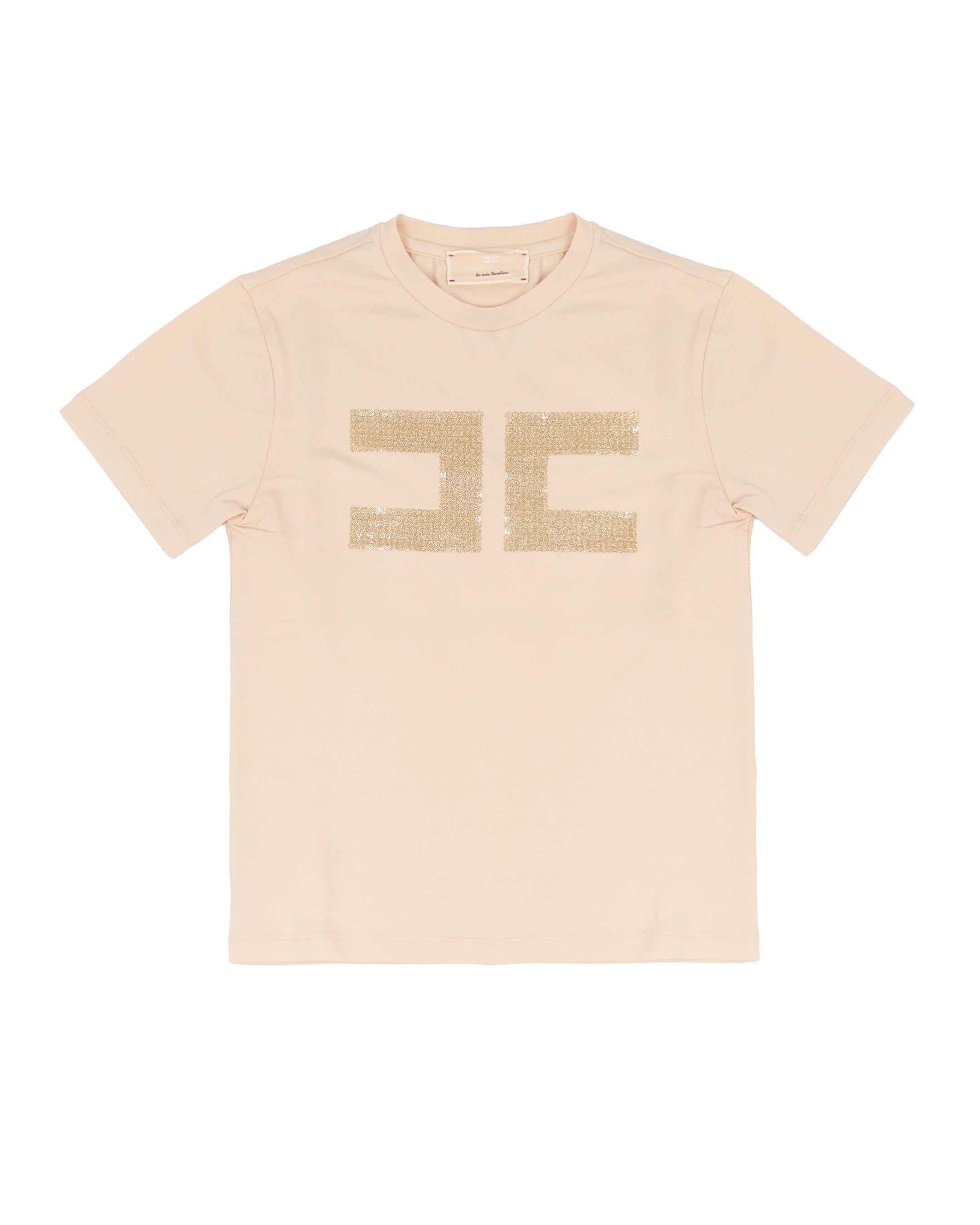 Elisabetta Franchi La Mia Bambina T-Shirt Rosa con Logo in Strass Oro a Contrasto per Bambine