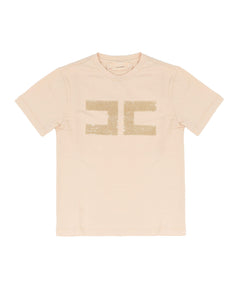 Elisabetta Franchi La Mia Bambina T-Shirt Rosa con Logo in Strass Oro a Contrasto per Bambine