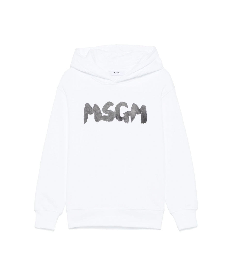 MSGM Kids Felpa Bianca con Cappuccio con Stampa per Bambini