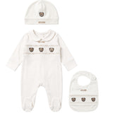 Moschino Kids Set Nascita Panna in Cotone Unisex con Teddy Bear Ricamati, Tutina, Cappellino e Bavaglino per Neonati