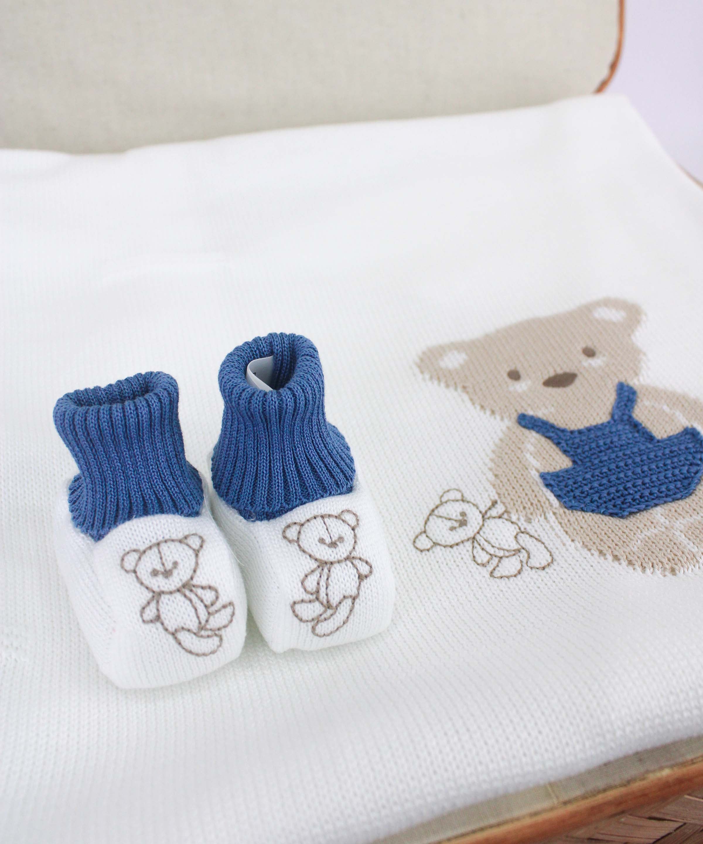Marlù Scarpine Bianche Bianco/Blu con Ricamo per Neonati
