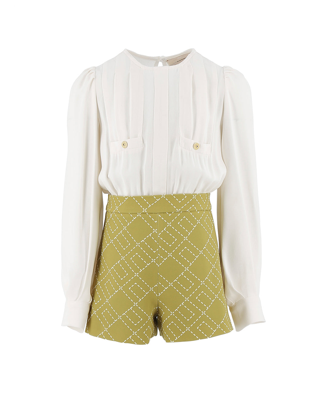 Elisabetta Franchi La Mia Bambina Camicia Panna con Shorts Verdi con Logo Geometrico per Bambine