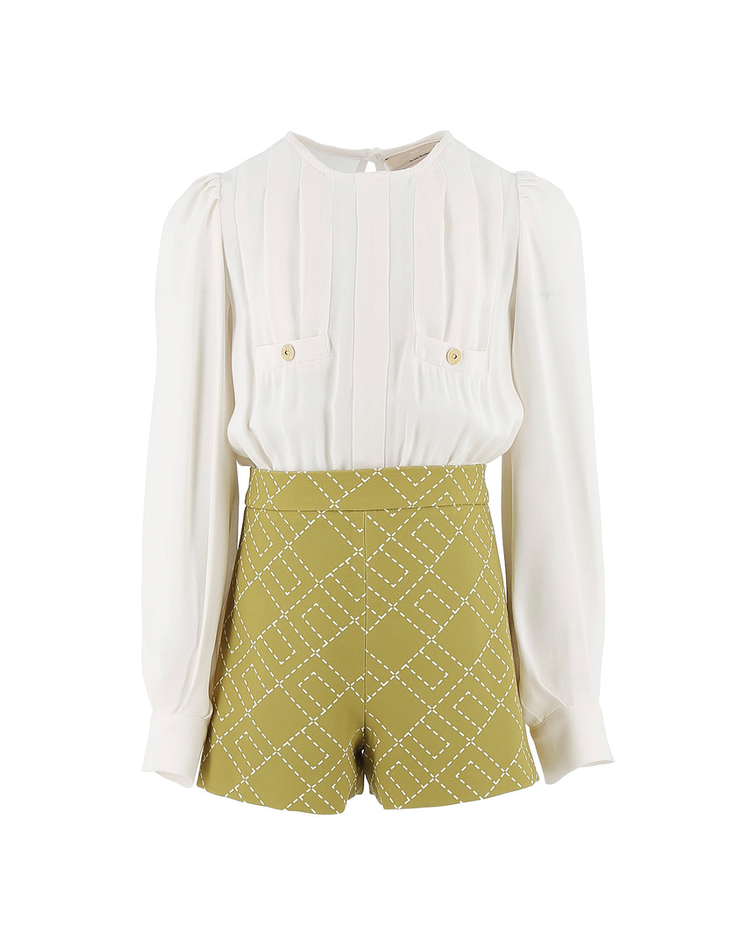 Elisabetta Franchi La Mia Bambina Camicia Panna con Shorts Verdi con Logo Geometrico per Bambine