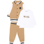 BOSS Kids Completo 3 Pezzi Beige con Giacca, Pantaloni e T-shirt con Logo per Neonati