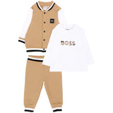 BOSS Kids Completo 3 Pezzi Beige con Giacca, Pantaloni e T-shirt con Logo per Neonati