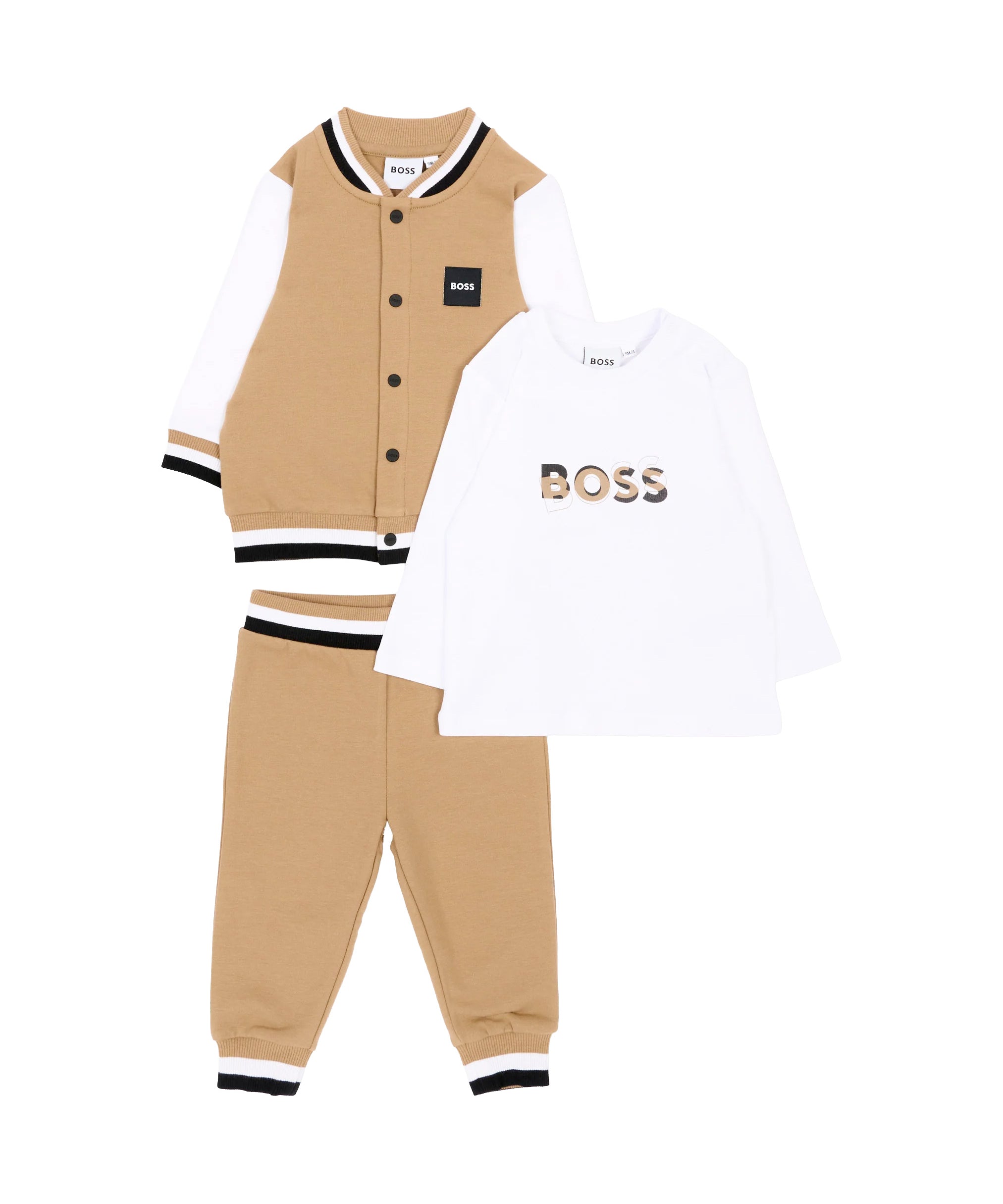 BOSS Kids Completo 3 Pezzi Beige con Giacca, Pantaloni e T-shirt con Logo per Neonati