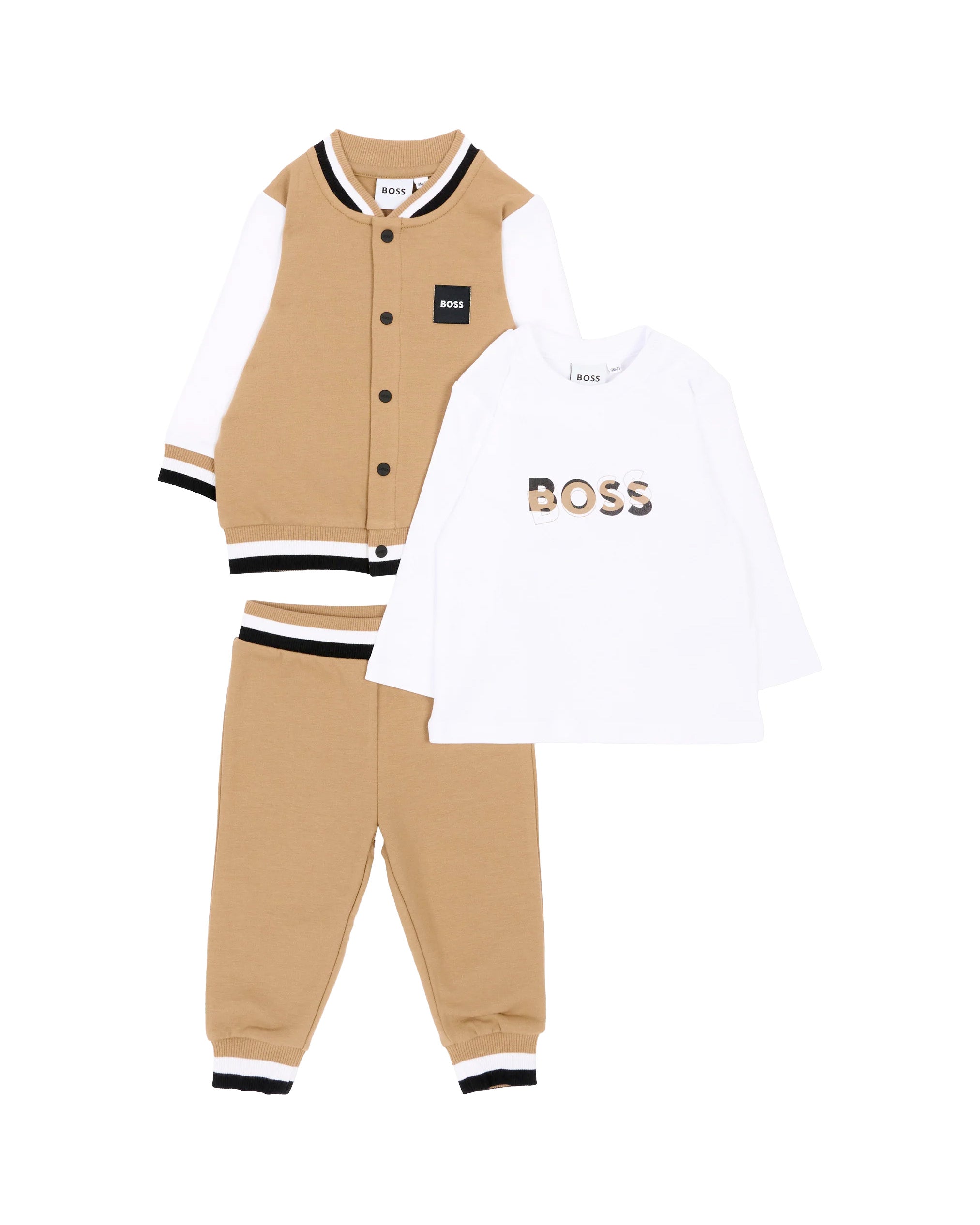 BOSS Kids Completo 3 Pezzi Beige con Giacca, Pantaloni e T-shirt con Logo per Neonati