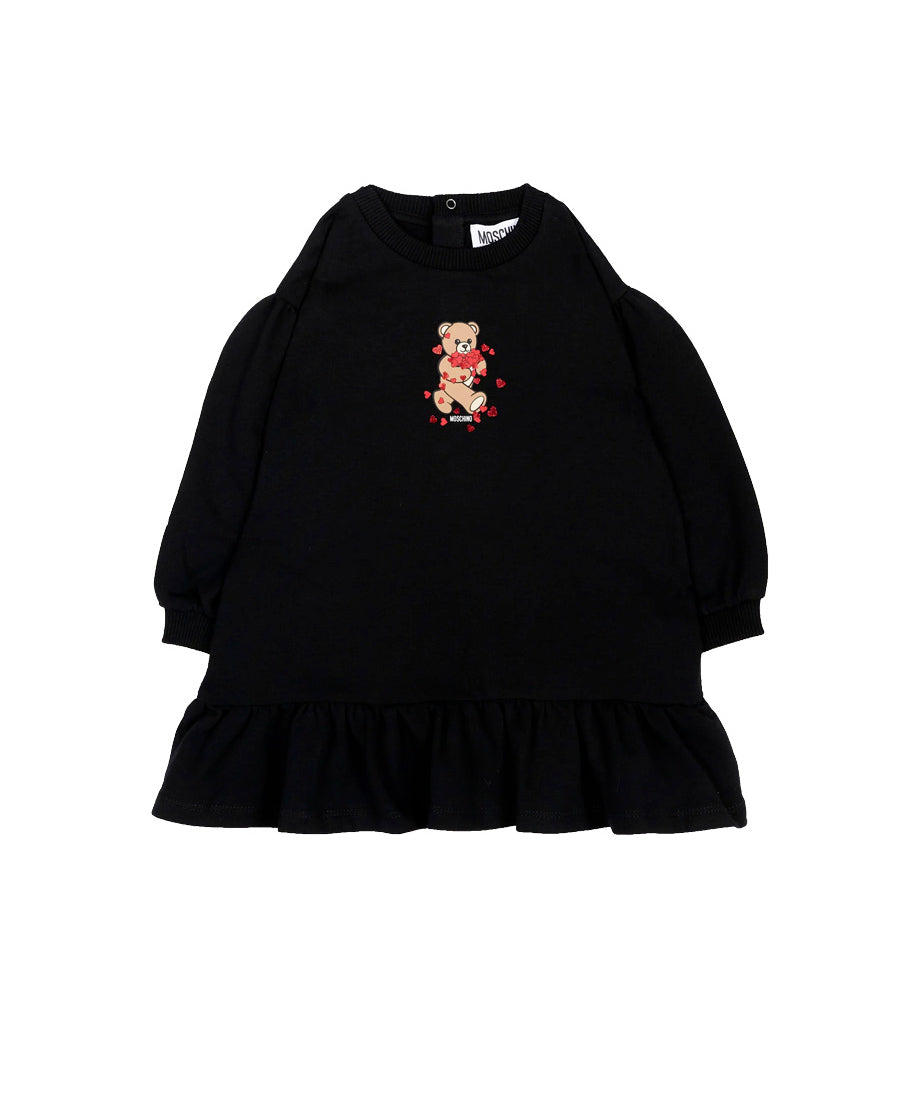 Moschino Kids Vestito Nero con Balza e Stampa Teddy Bear con Cuori per Neonate