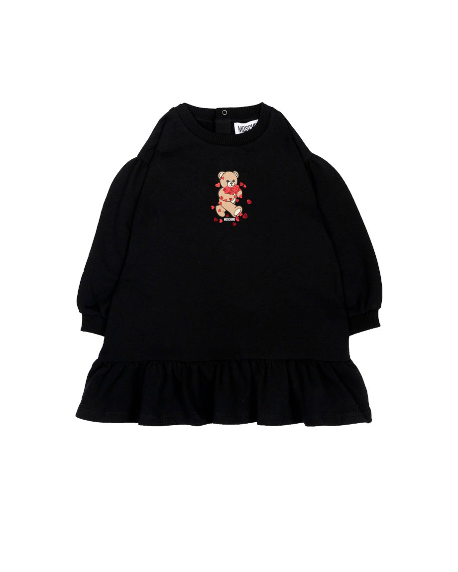 Moschino Kids Vestito Nero con Balza e Stampa Teddy Bear con Cuori per Neonate