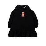 Moschino Kids Vestito Nero con Balza e Stampa Teddy Bear con Cuori per Neonate