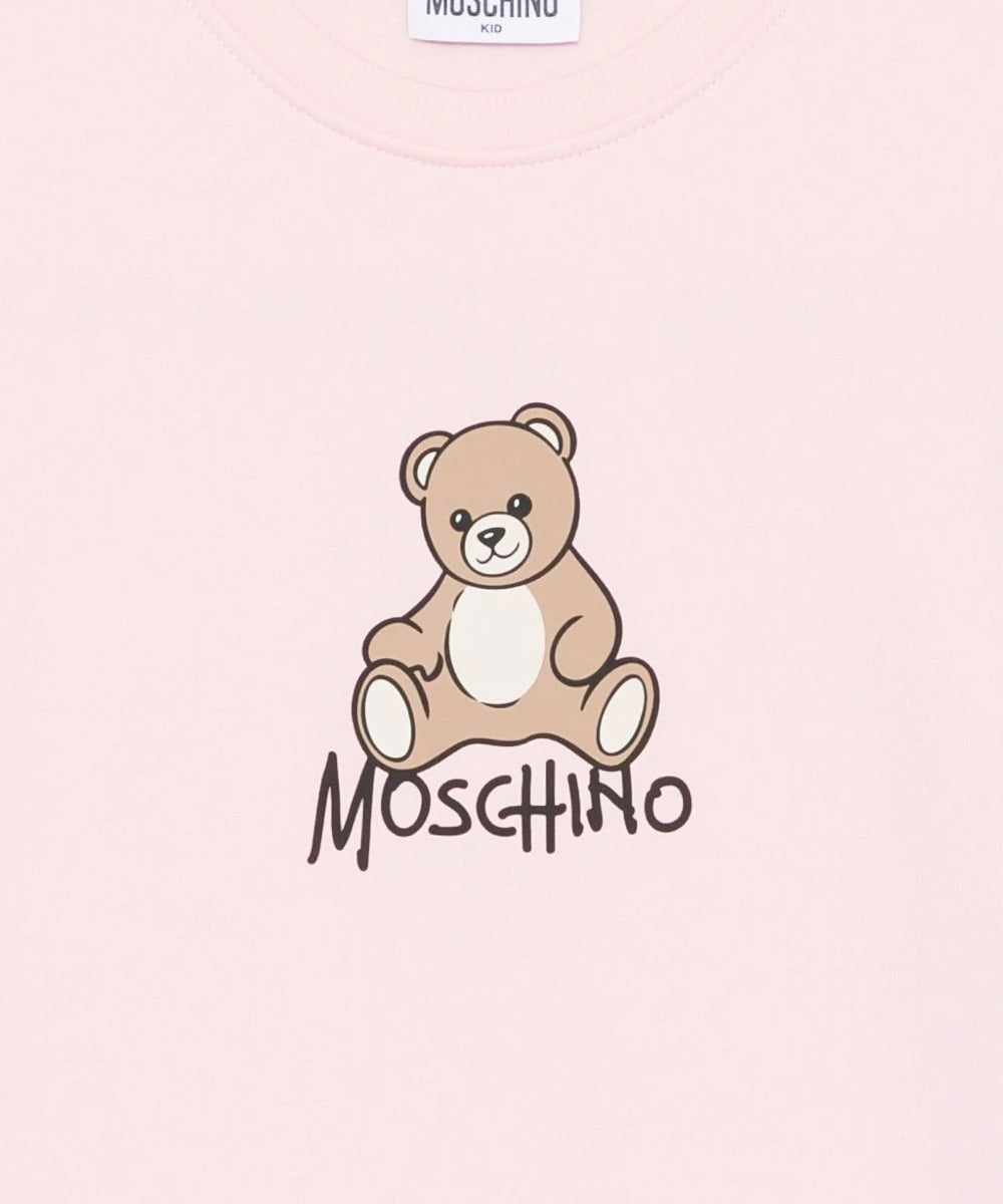 Moschino Kids Vestito Rosa in Felpa con Stampa Teddy Bear e Logo per Bambine
