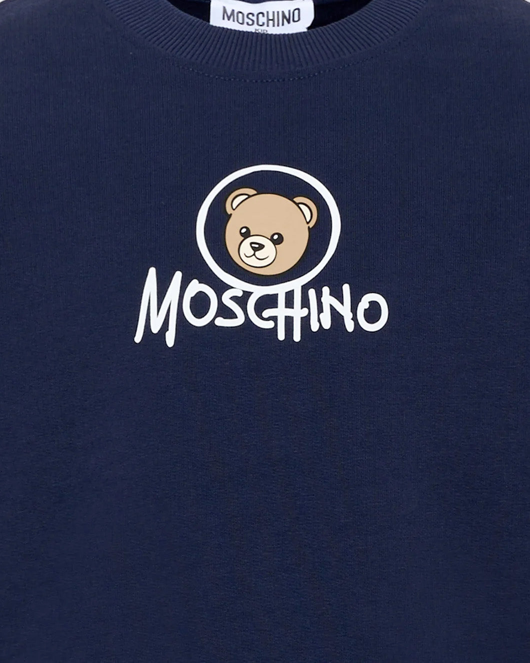 Moschino Kids Felpa Blu Navy Girocollo con Stampa Teddy Bear e Logo per Bambini