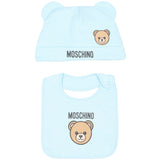 Moschino Kids Set Celeste con Cappellino e Bavaglino con Stampa Teddy Bear e Logo Unisex