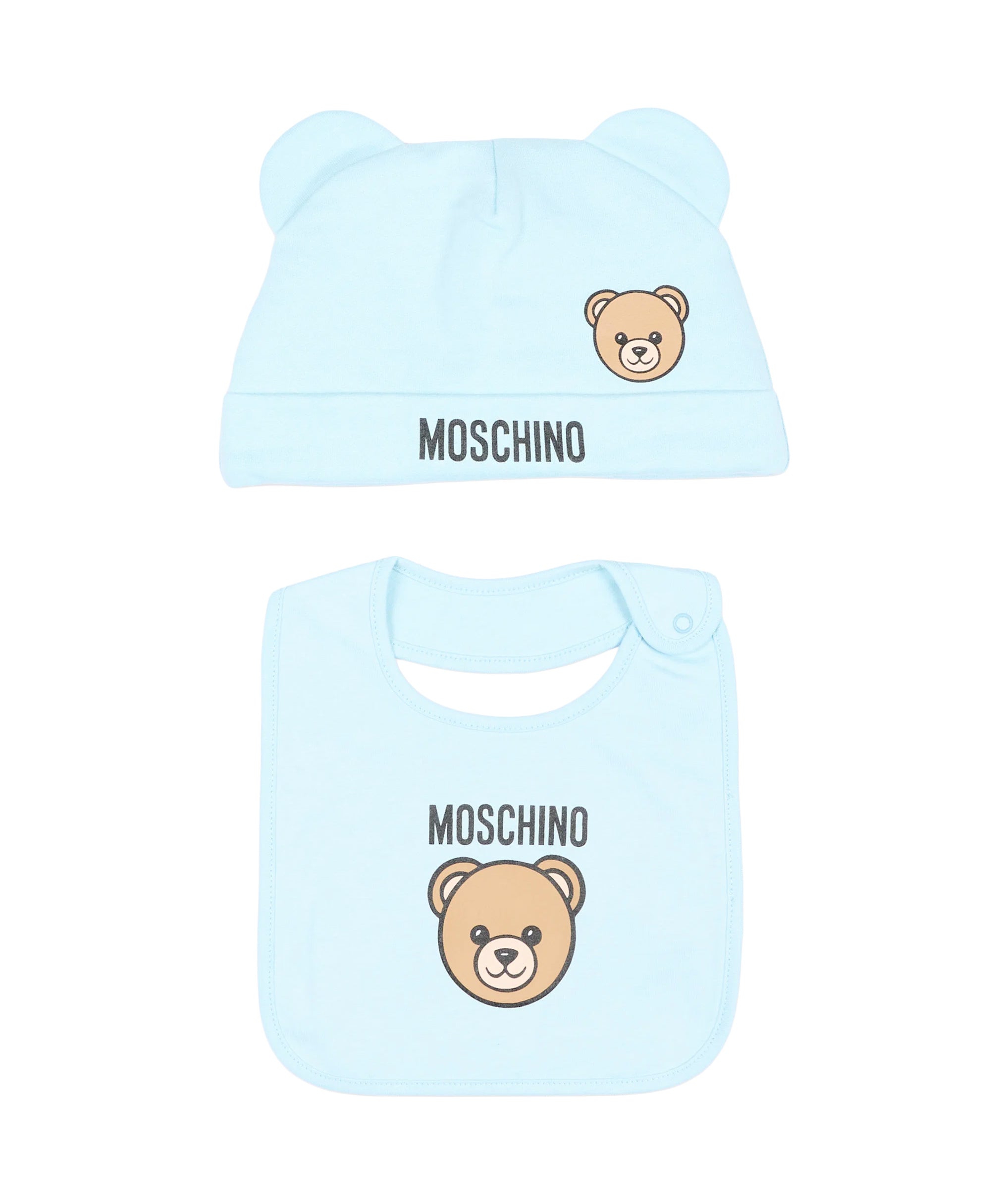 Moschino Kids Set Celeste con Cappellino e Bavaglino con Stampa Teddy Bear e Logo Unisex