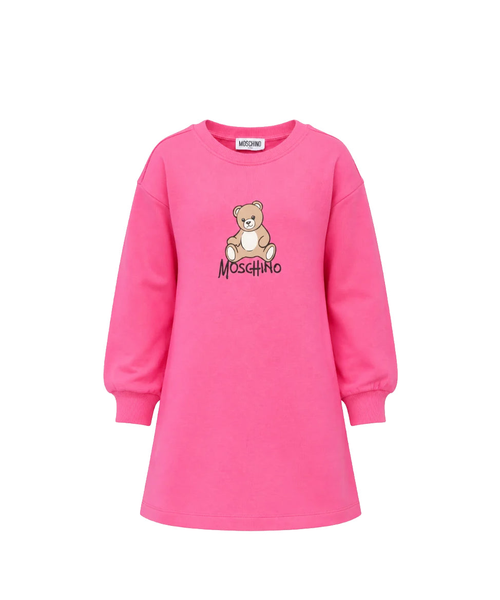 Moschino Kids Vestito Fuxia in Felpa con Stampa Teddy Bear e Logo per Bambine