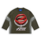 ART SUPER MONEY Kids T-shirt stampa labbra strass verde militare per Bambini