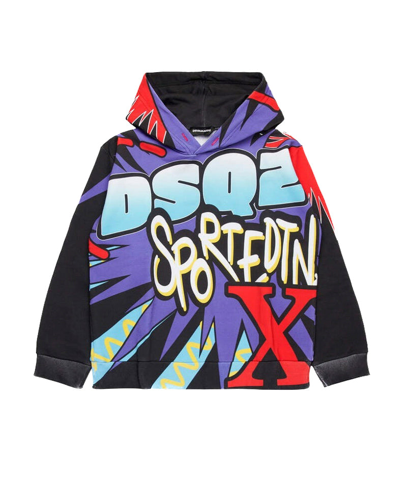 Dsquared2 Kids Felpa Nera con Cappuccio con Stampa Sport EDTN per Bambini 