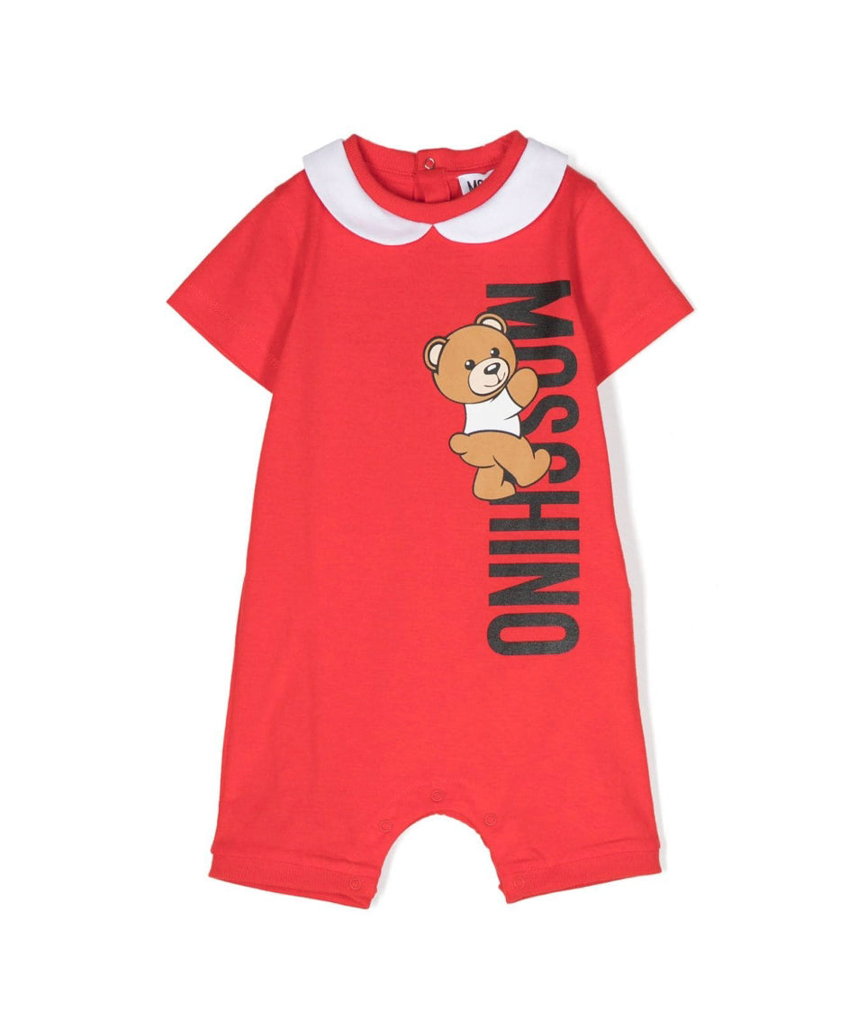 Moschino Kids Pagliaccetto Rosso con Stampa Teddy Bear (fronte)