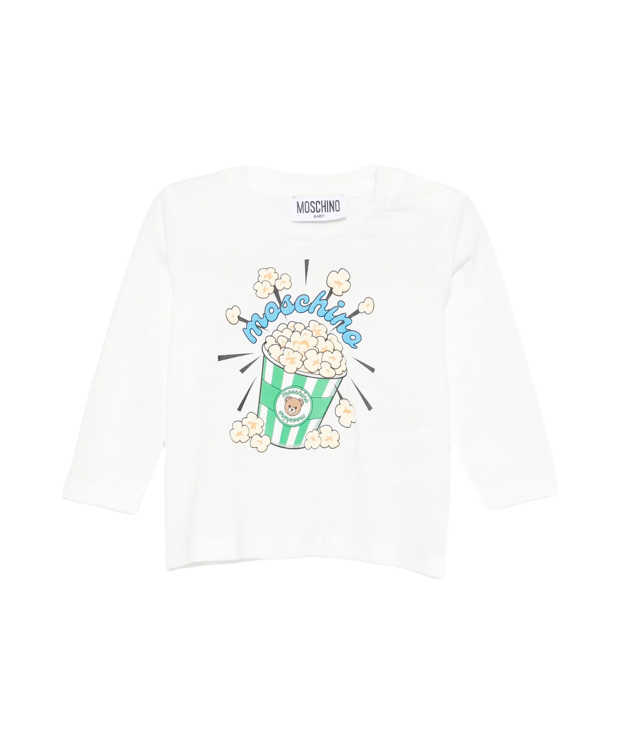 Moschino Kids Maglia Bianca a Maniche Lunghe con Stampa Popcorn Teddy Bear e Logo Unisex per Neonati
